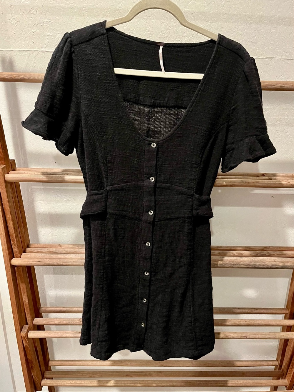 Free People Black Button-Front Mini Dress with Ruffle Sleeves